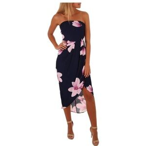 Floral Strapless Navy Dress